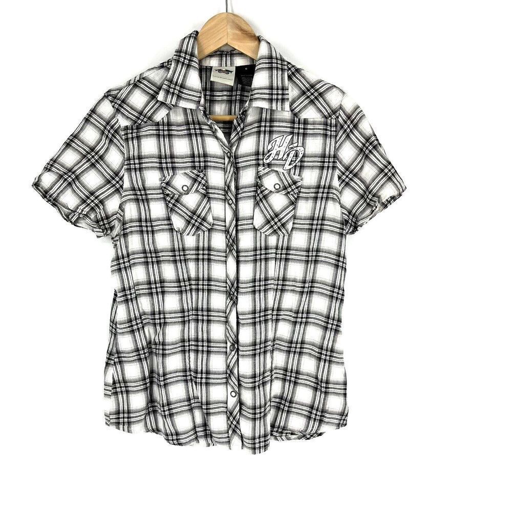 Harley Davidson Shirt Size Small Womens Black Plaid Snap Short Sleeve Rhinestone